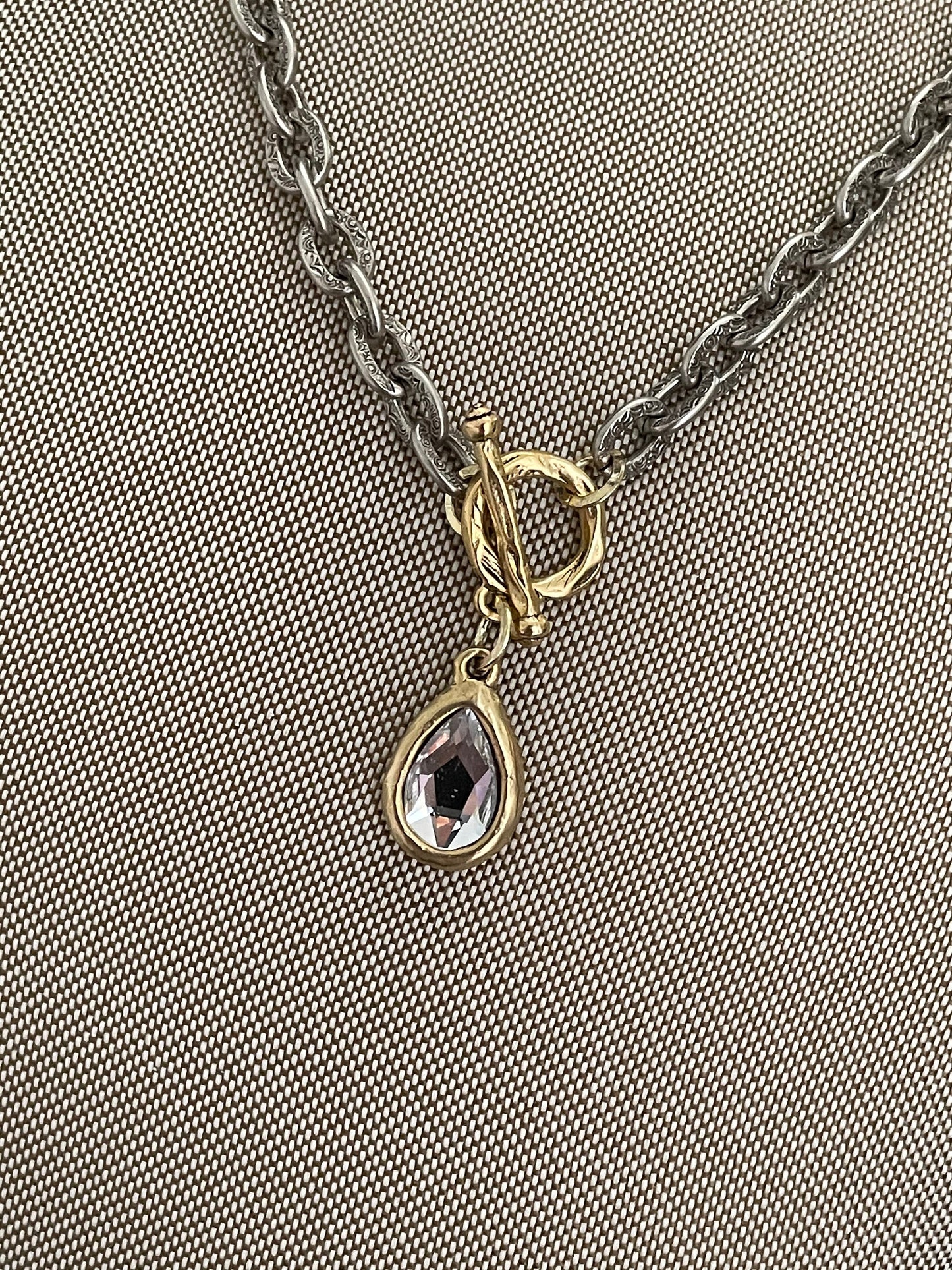 Mixed Metal Clear teardrop crystals toggle necklace