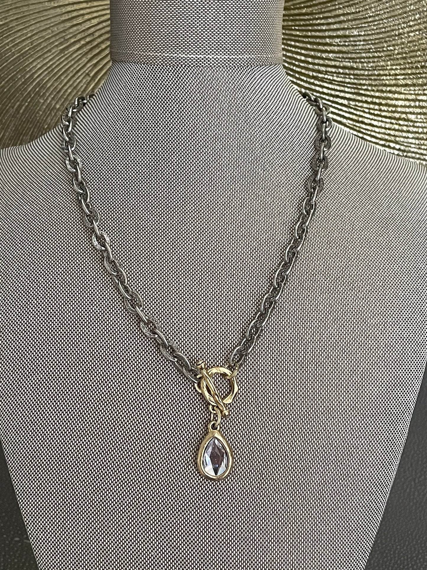 Mixed Metal Clear teardrop crystals toggle necklace