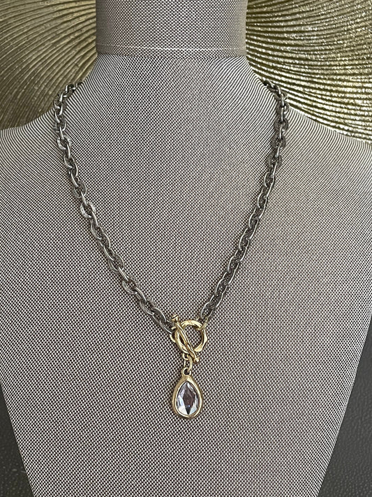 Mixed Metal Clear teardrop crystals toggle necklace